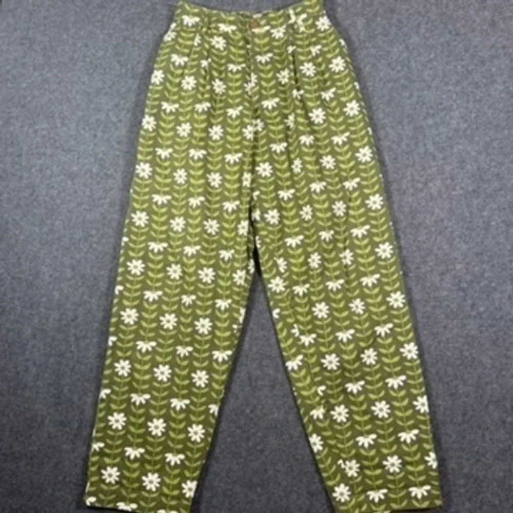 Big Bud Press Trousers XS Green Floral Daisy Print High Waist Pants NWOT